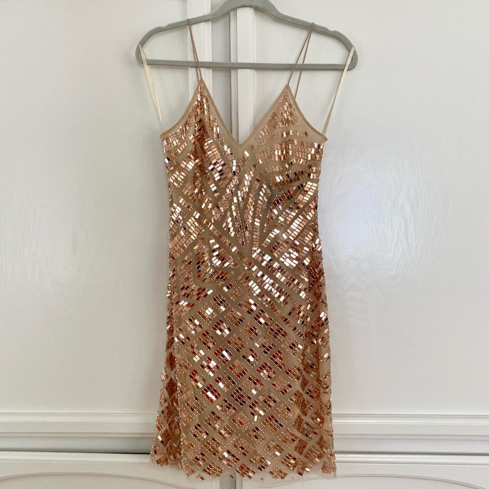 Basix Black Label New Years Champagne Spaghetti Strap Mirror Dress